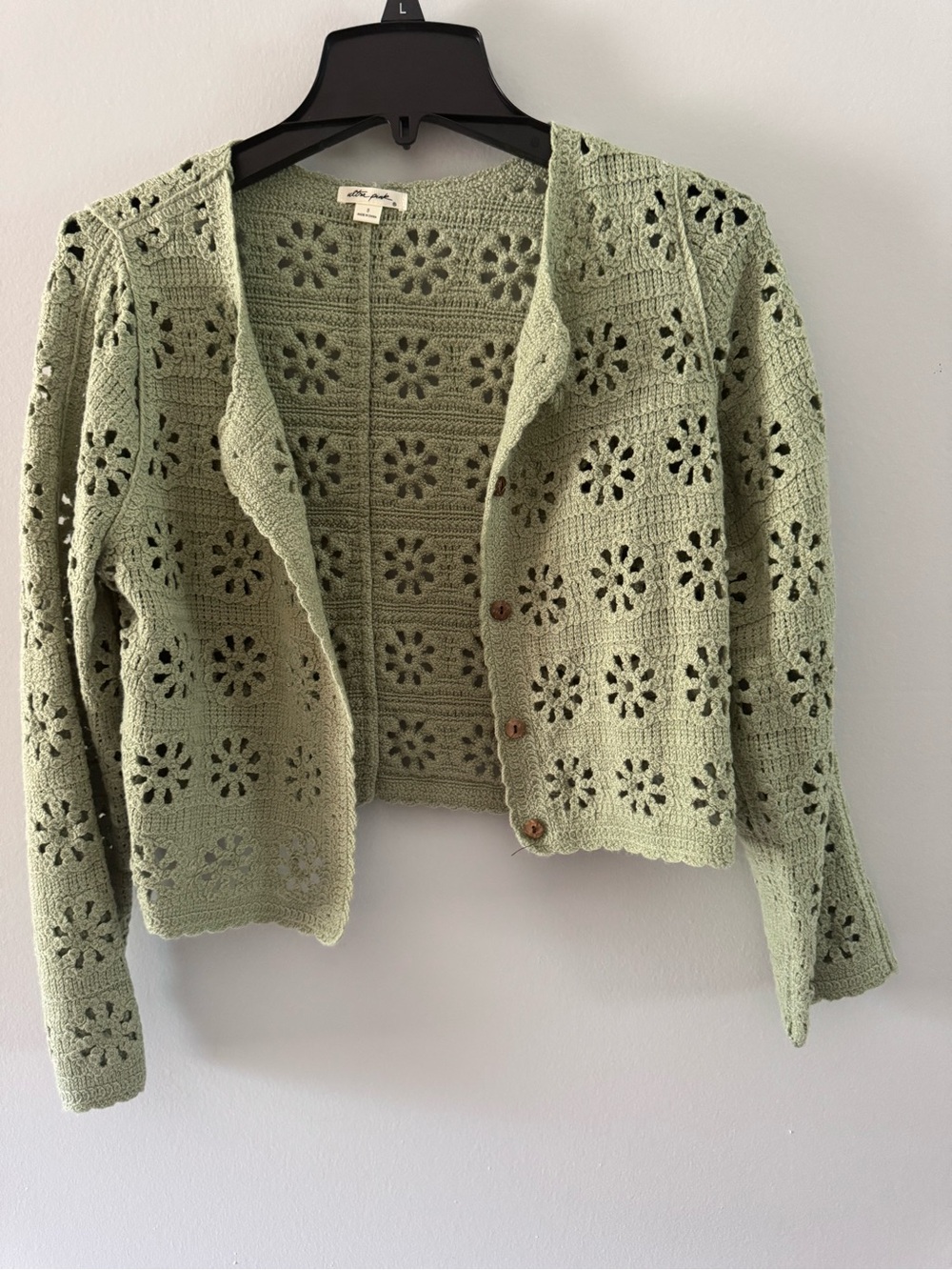 Ultra Pink Crochet Floral Openwork Cardigan in Sage Green